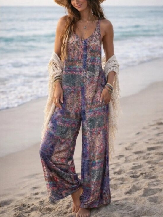 NATURAL LIFE Pants - Natural Life Josie Velvet Printed Patchwork Wide Leg Jumpsuit Floral Sz Large